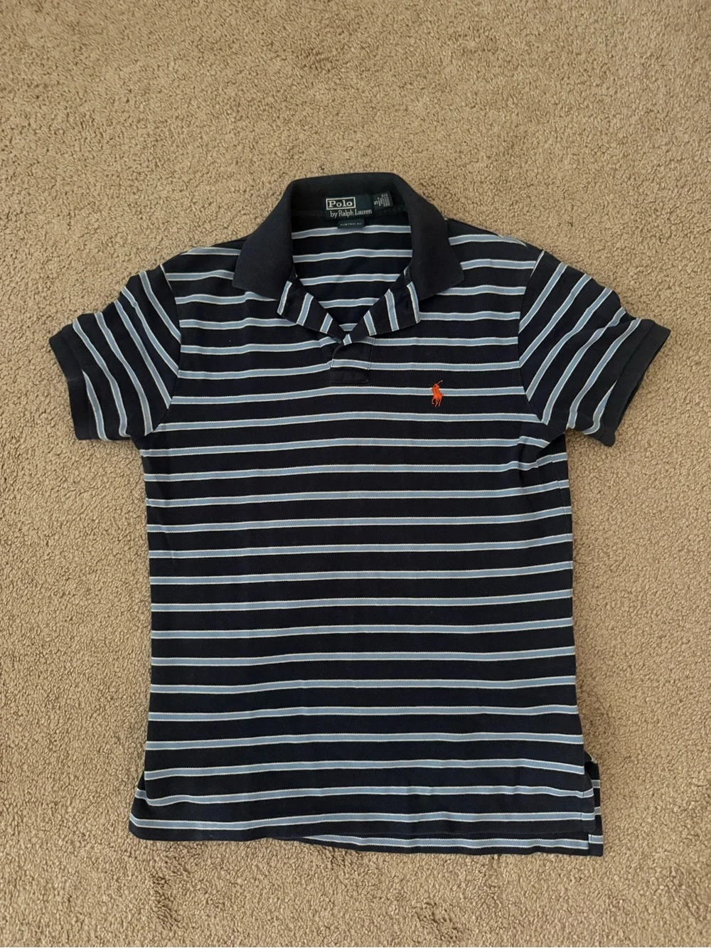 Ralph Lauren Navy & Light Blue Striped Polo with Orange Pony